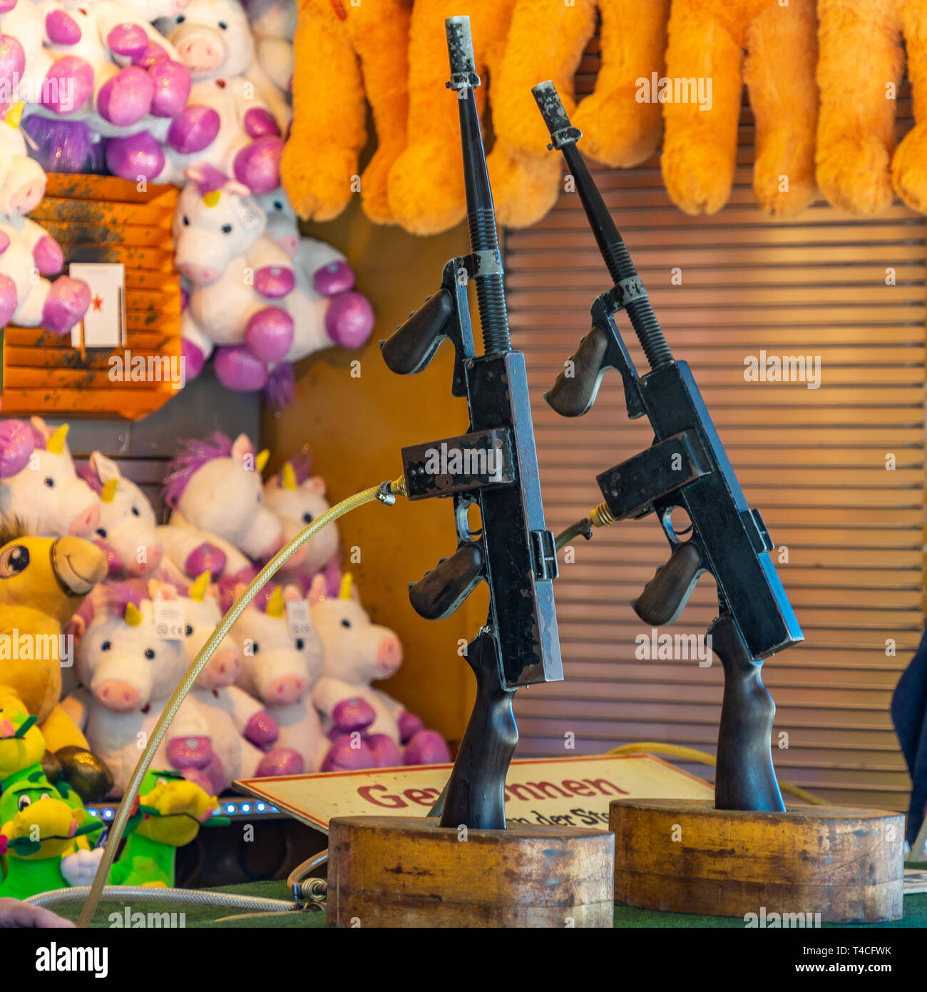 Air-operated assault rifles at a shooting range on a fairground in Germany. Stock Photo