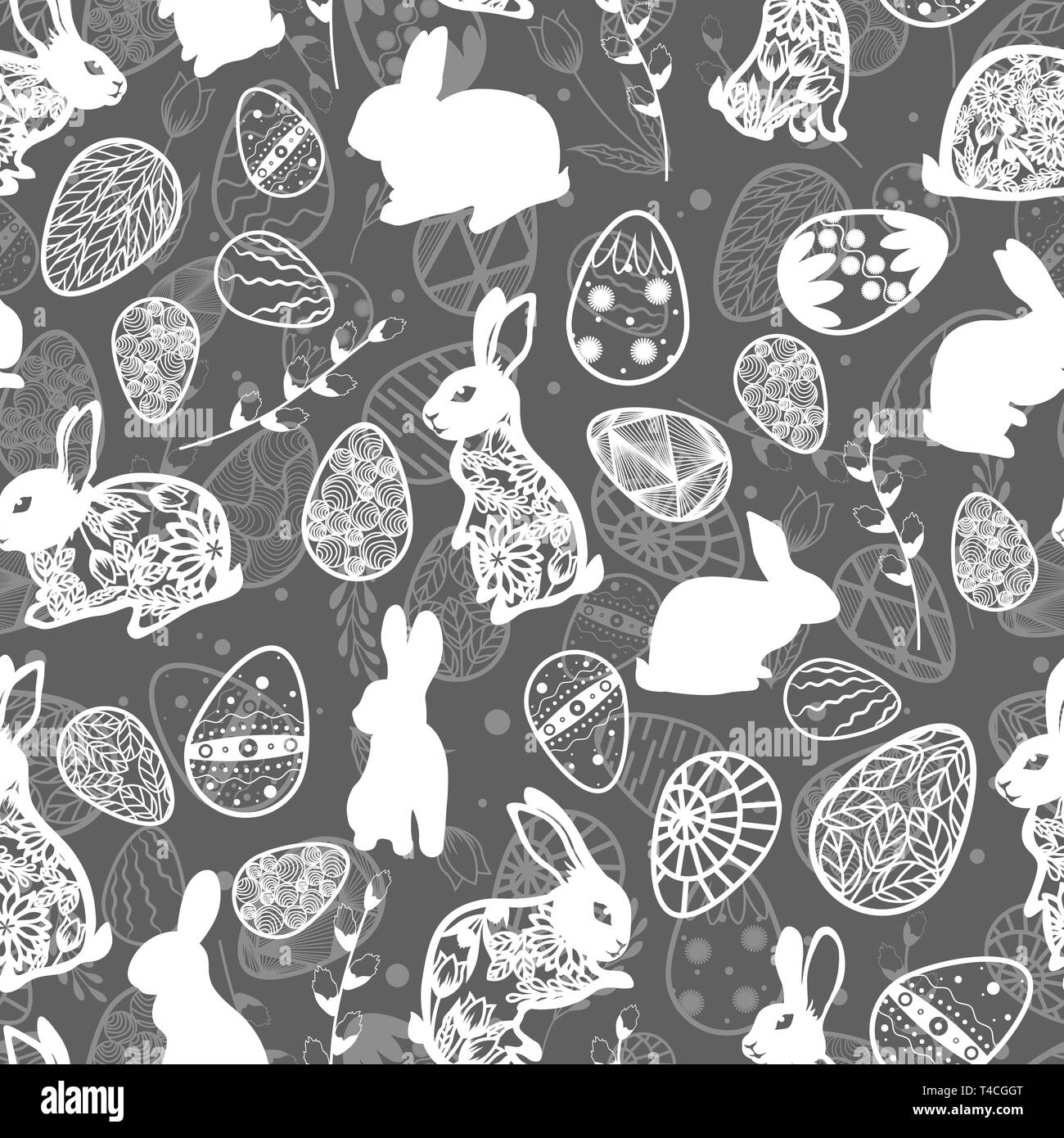 Vector illustration. Seamless pattern. Easter eggs. Leaves and willow branch. Easter bunny. Card gray background Stock Vector