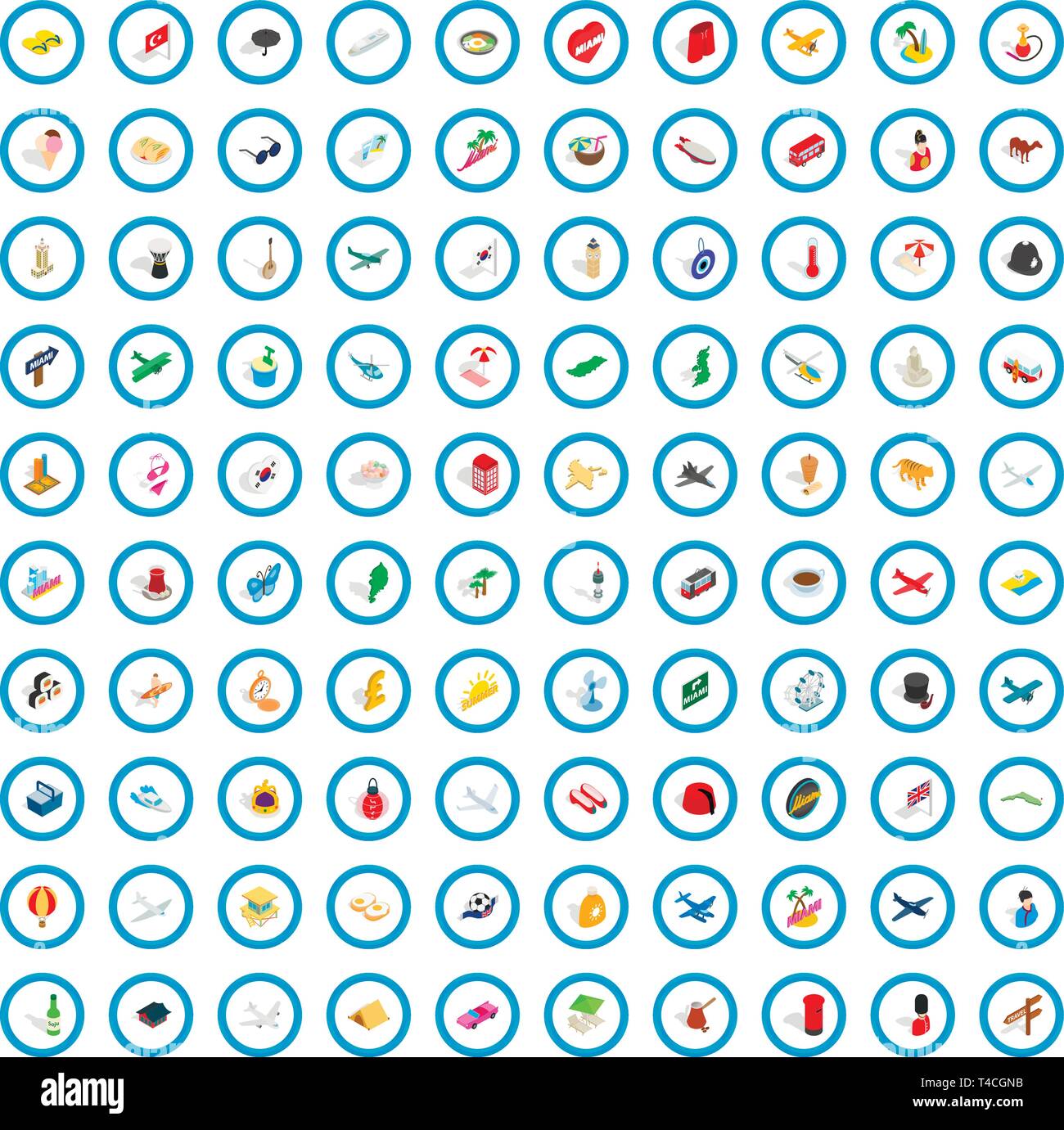 100 touring icons set, isometric 3d style Stock Vector