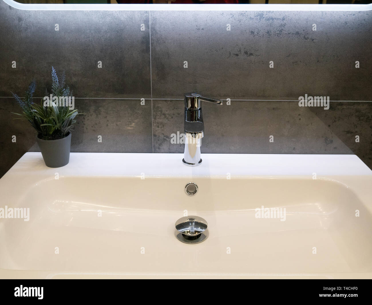 Closeup Of Modern White Washbasin With Lavender Flower Pot