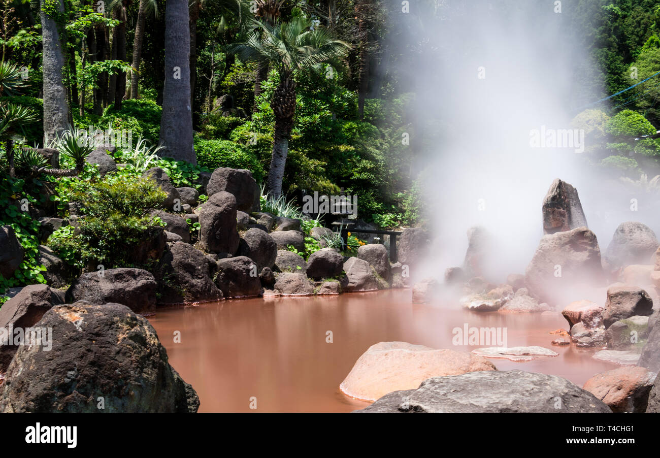 Panoramic view on famous geothermal hot springs, called Jigoku Meguri ...