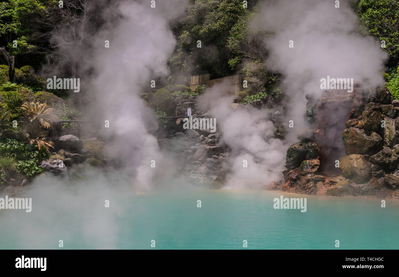 Panorama of famous geothermal hot springs, called Umi Jigoku, engl. sea ...
