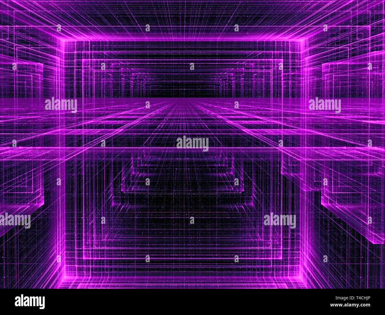 Purple perspective background - abstract computer-generated 3d illustration. Contemporary digital art: tunnel or hall - neon glowing grid. For sci-fi  Stock Photo