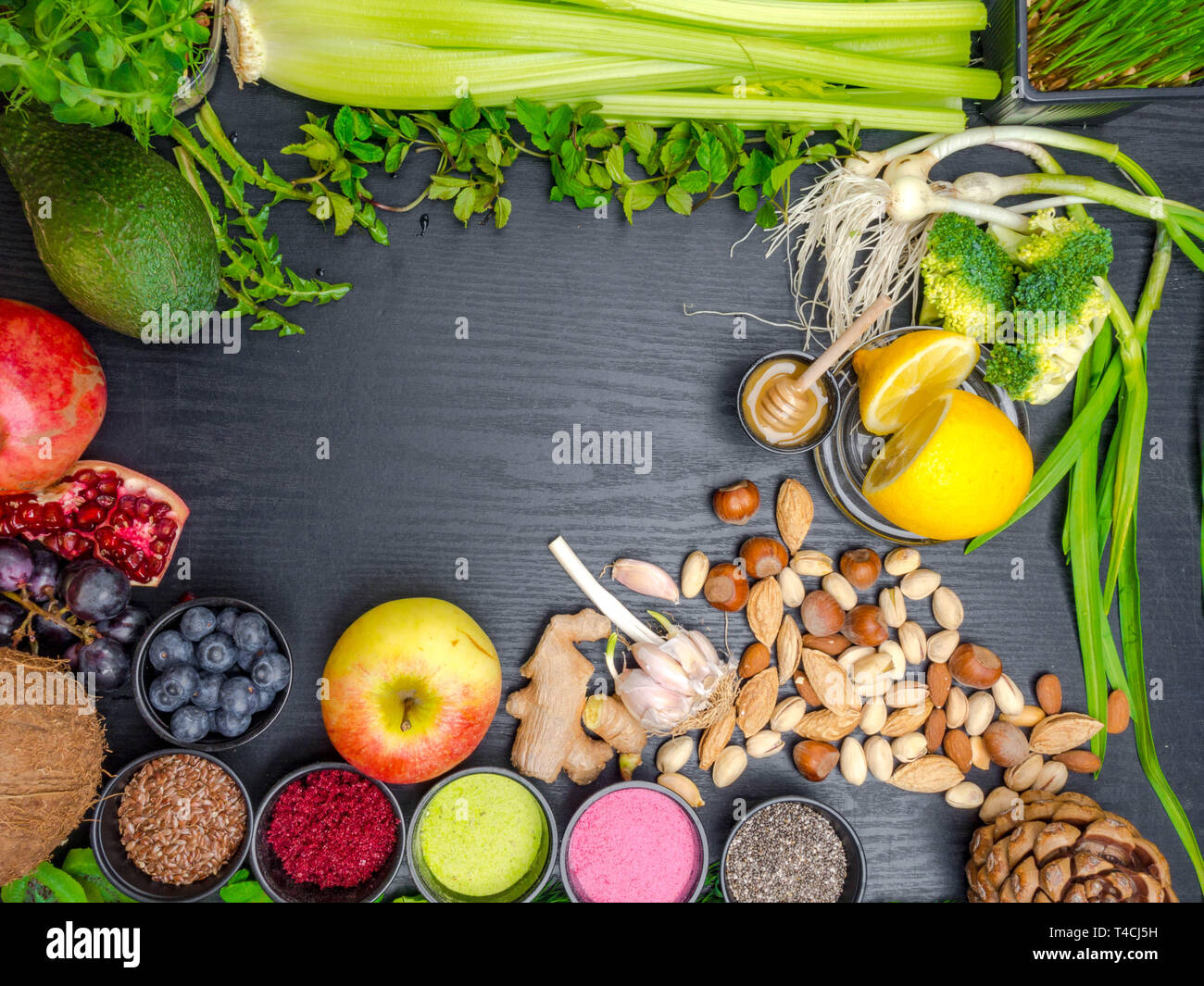 High dietary fibre health food concept with fruit, vegetables, nuts and