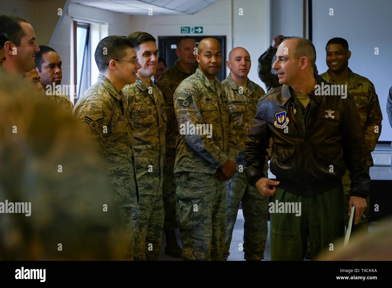 Lt. Gen. Jeffrey Harrigian, U.S. Air Forces in Europe and Air Forces in Africa deputy commander, speaks to Airmen deployed from Barksdale Air Force Base, La., at RAF Fairford, England, March 19, 2019. Harrigian visited different sections of the base during U.S. Strategic Command’s Bomber Task Force in Europe mission for familiarization and to talk to Airmen and address any questions they had. Stock Photo