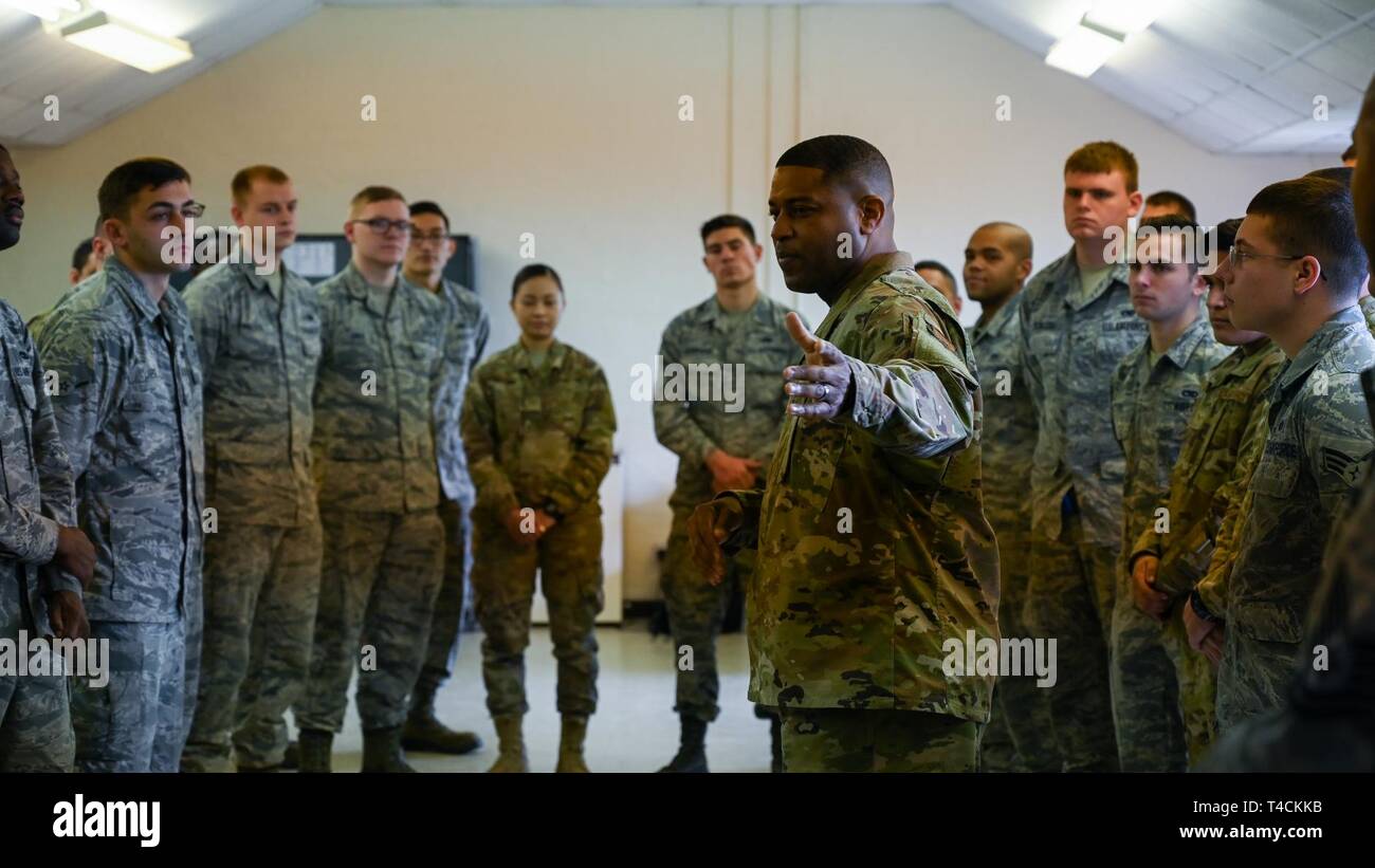 Chief Master Sgt. Phillip Easton, U.S. Air Forces in Europe and Air Forces in Africa command chief, speaks to Airmen deployed from Barksdale Air Force Base, La., at RAF Fairford, England, March 19, 2019. Easton visited different sections of the base during U.S. Strategic Command’s Bomber Task Force in Europe mission for familiarization and to talk to Airmen to address any questions they had. Stock Photo