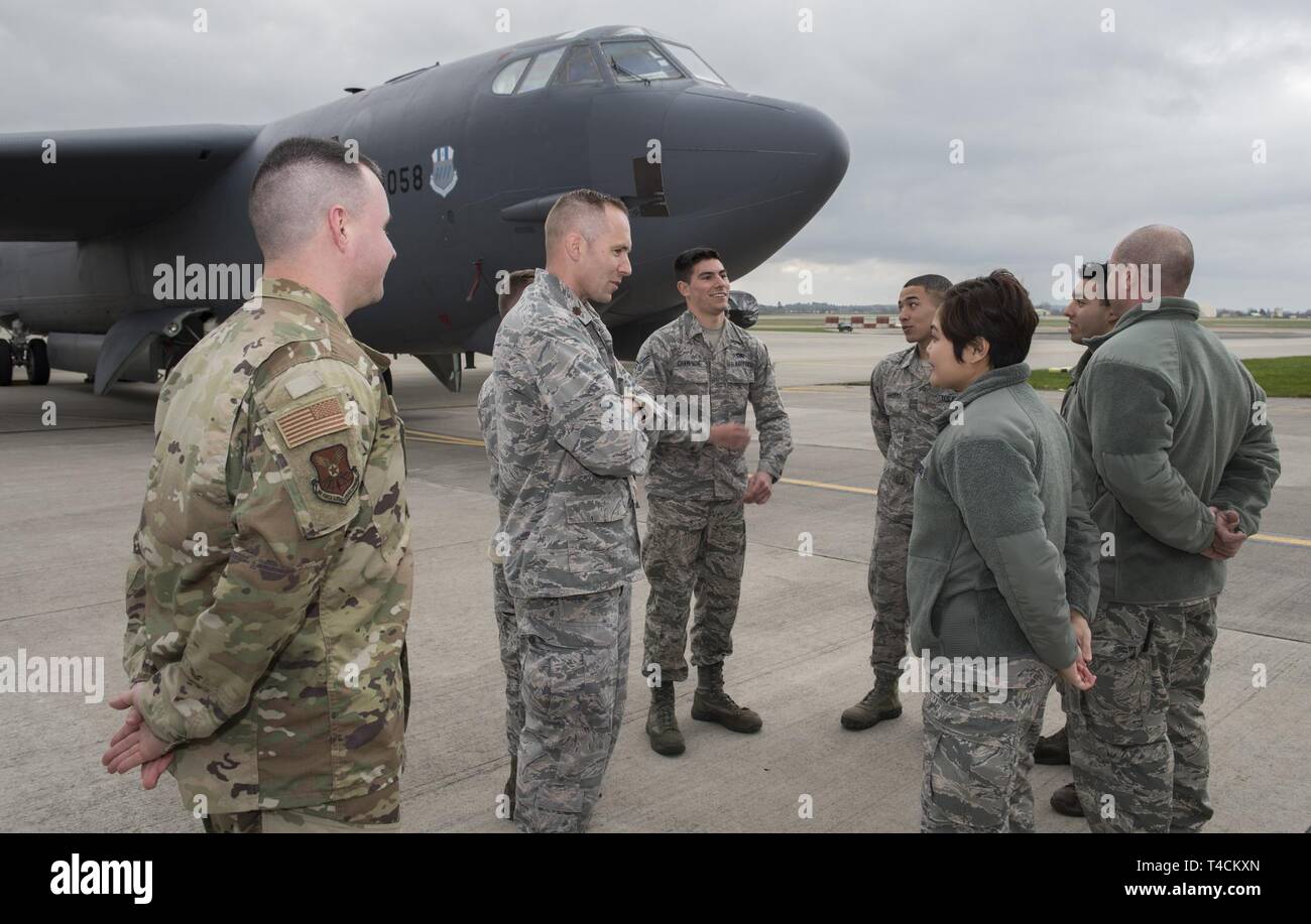 U.S. Air Force Maj. Scott Kubalek, acting Bomber Task Force Maintenance  Group commander deployed from Barksdale Air Force Base, La., discusses  current operations at RAF Fairford, England, March 19, 2019. The contingent