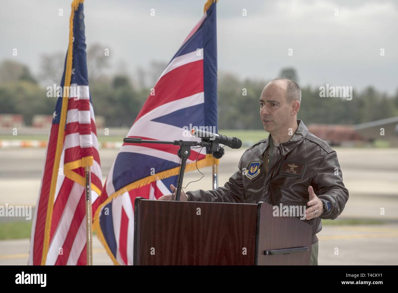 U.S. Air Force Lt. Gen. Jeffrey Harrigian, U.S. Air Forces in Europe and Air Forces Africa deputy commander, speaks during a press conference at RAF Fairford, England, March 19, 2019, regarding the Bomber Task Force Europe deployment. The contingent of B-52 Stratofortress aircraft, Airmen and support equipment is currently deployed from the 2nd Bomb Wing, Barksdale Air Force Base, La., to support the BTF. The deployment of strategic bombers to the U.K. helps exercise RAF Fairford as U.S. Air Forces in Europe - Air Forces Africa’s forward-operating location for bombers. The deployment includes  Stock Photo