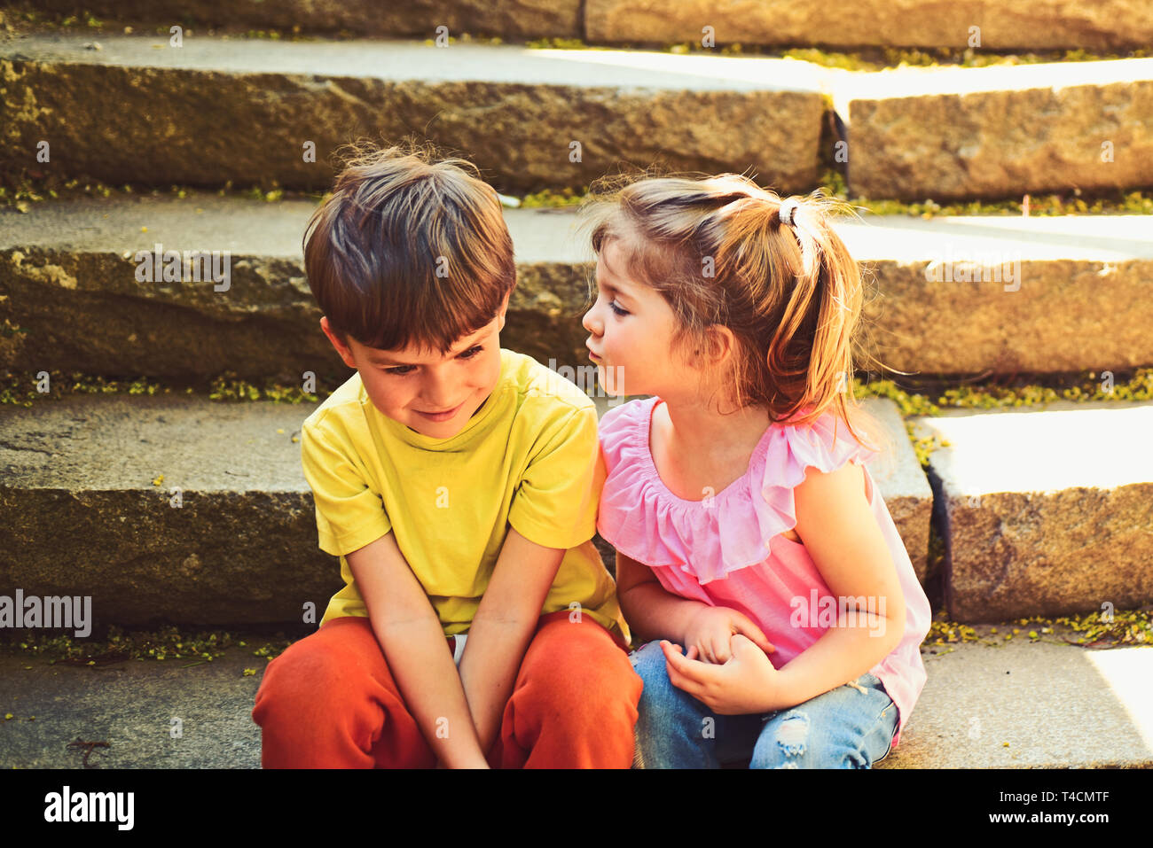 Childhood First Love Summer Holiday Vacation Small Girl And Boy On Stair Relations Couple Of Little Children Boy And Girl Best Friends Stock Photo Alamy