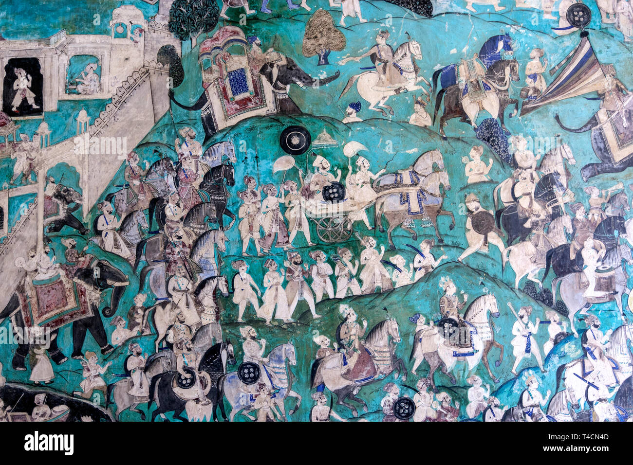 Courtiers in Procession wall Paintings in west veranda, Chitra Mahal, Bundi Palace, Bundi