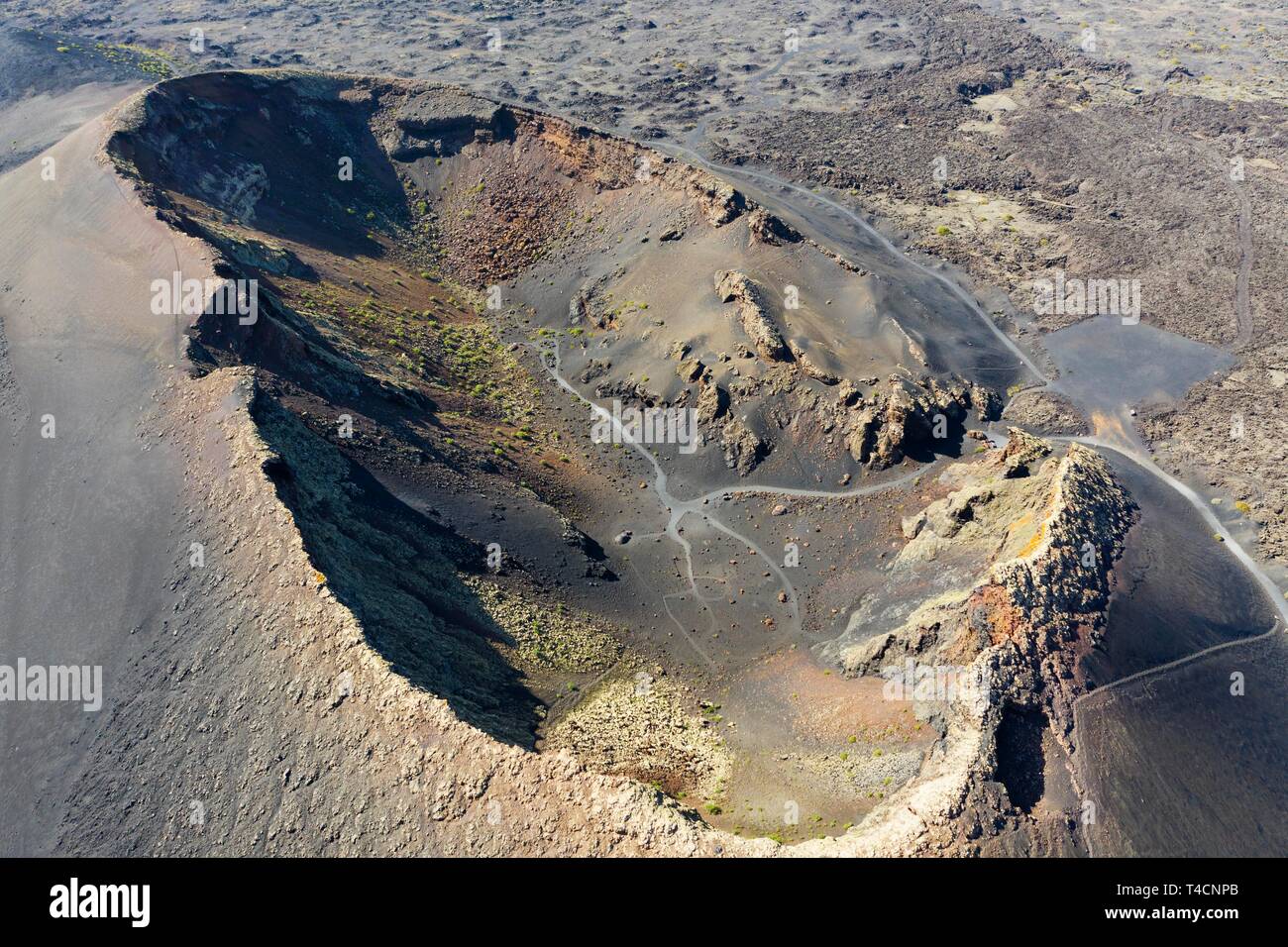View into volcano crater, Montana del Cuervo or Montana de las Lapas, drone photo, Lanzarote, Canary Islands, Spain Stock Photo