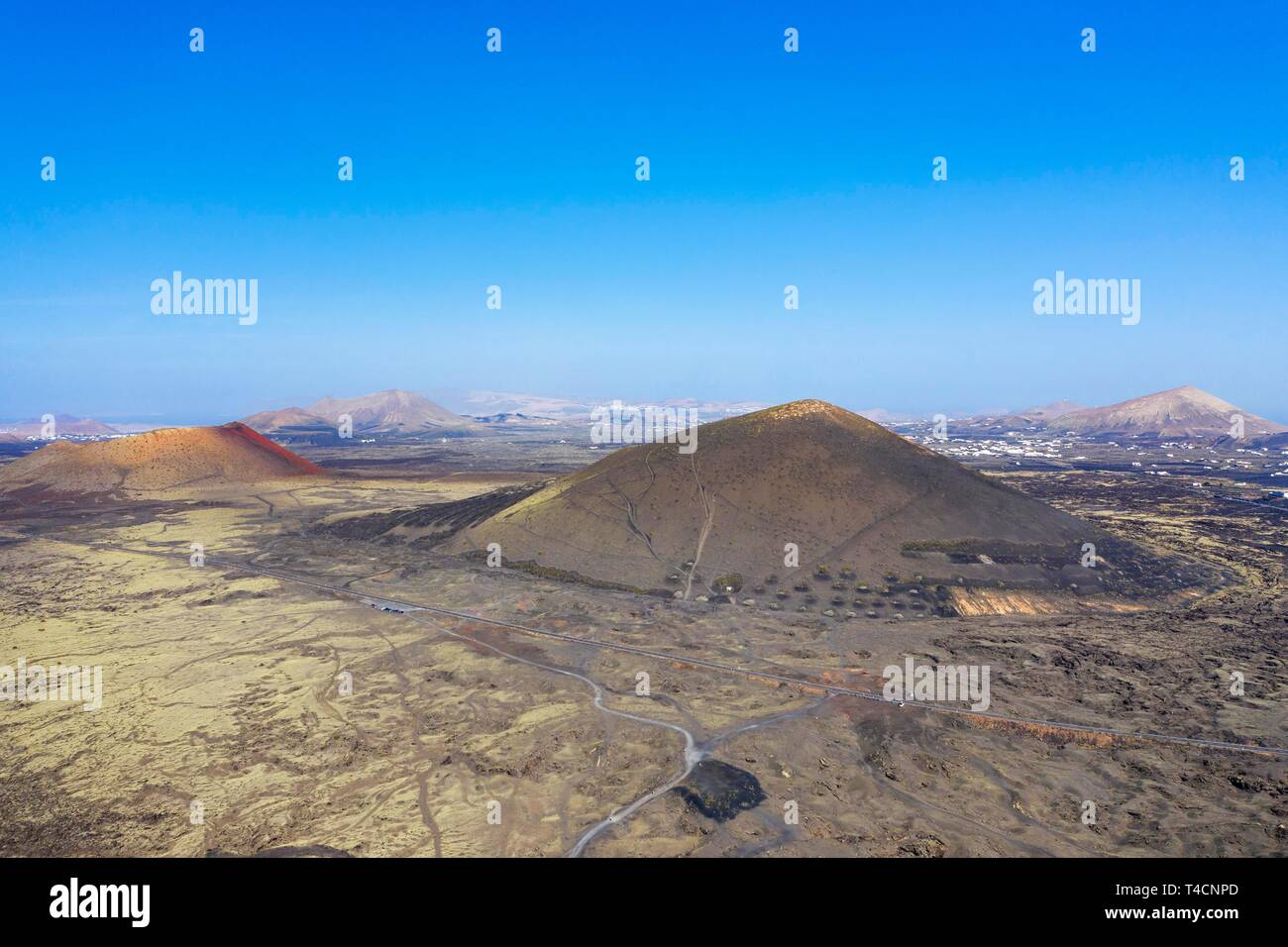 Volcanoes Montana Negra and Montana Colorada, drone photo, Lanzarote, Canary Islands, Spain Stock Photo