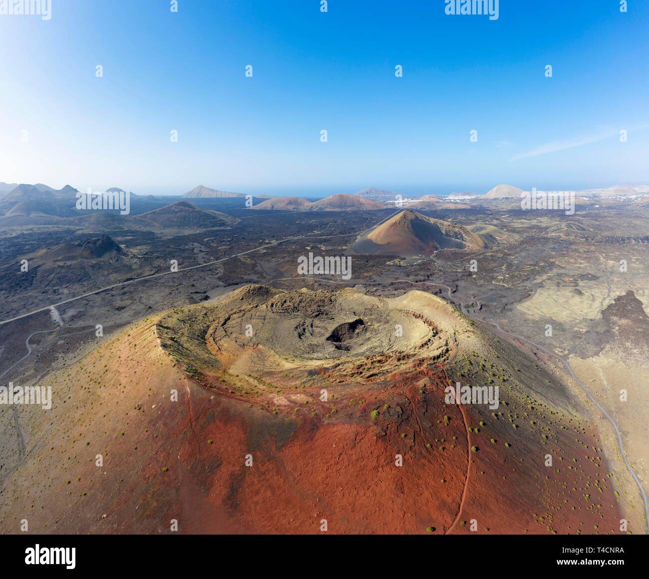 Volcano Montana Colorada with volcano crater, drone photo, Lanzarote, Canary Islands, Spain Stock Photo
