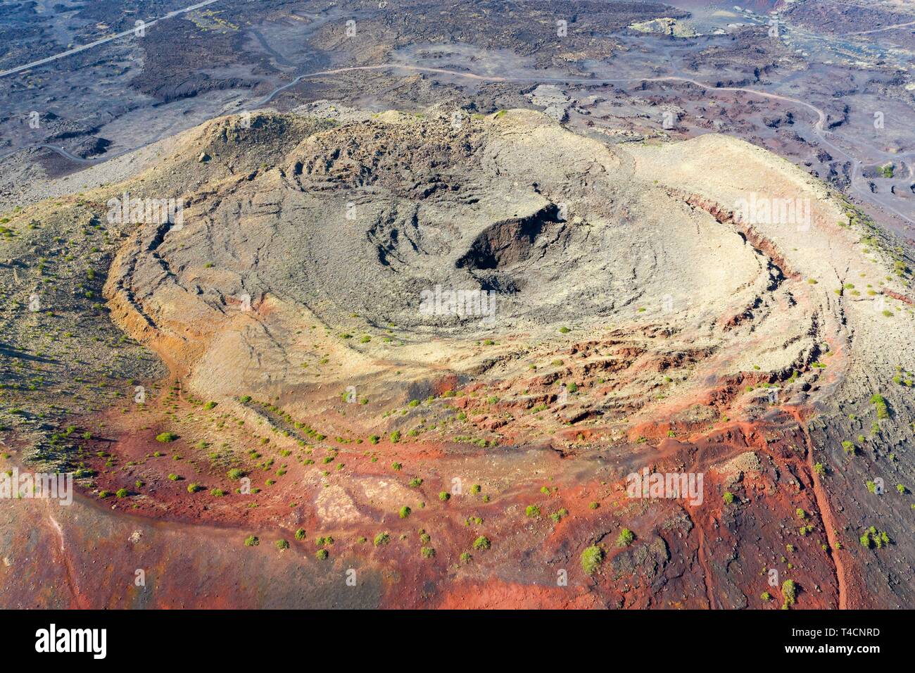 Volcanic crater of Montana Colorada, drones photo, Lanzarote, Canary Islands, Spain Stock Photo