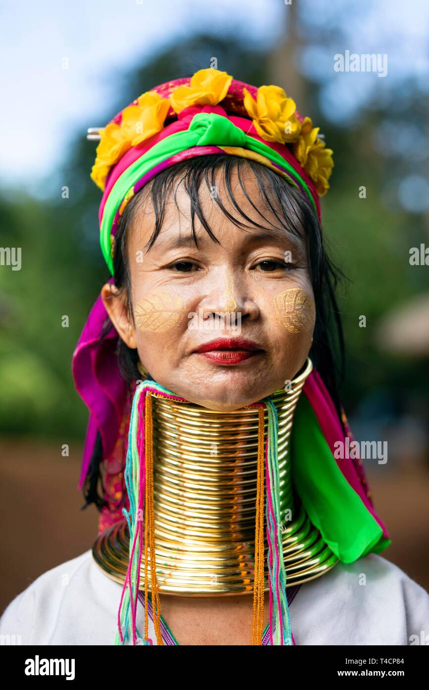 Padaung long-necked woman with brass neck rings, portrait, hill tribes, mountain people, Chiang Rai province, Northern Thailand, Thailand Stock Photo