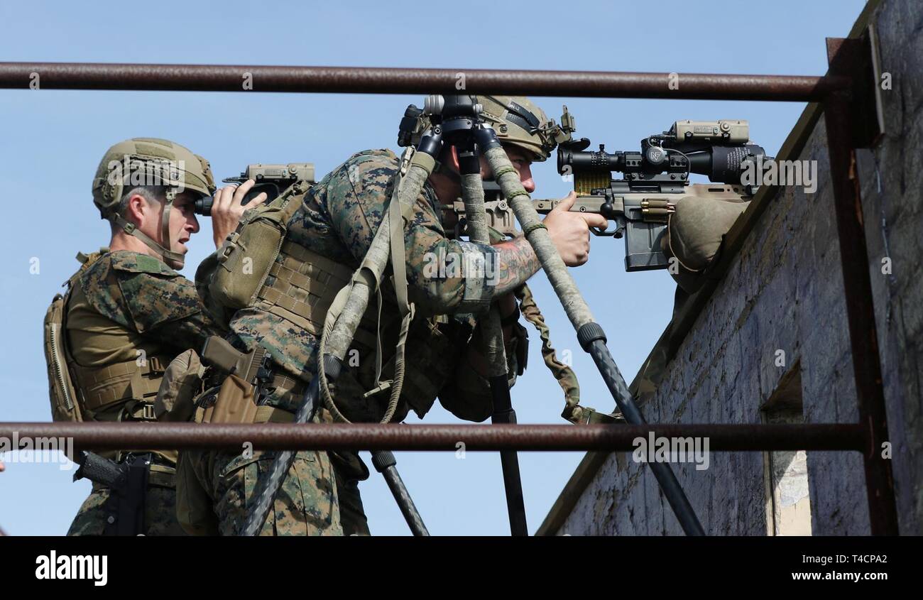 Competitors in the United States Army Special Operations Command International Sniper Competition work as a team to engage long-distance targets at Fort Bragg, North Carolina, March 19, 2019. Twenty-one teams competed in the USASOC International Sniper Competition where instructors from the United States Army John F. Kennedy Special Warfare Center and School designed a series of events that challenged the two-person teams’ ability to work together, firing range, speed and accuracy in varied types of environments. Stock Photo