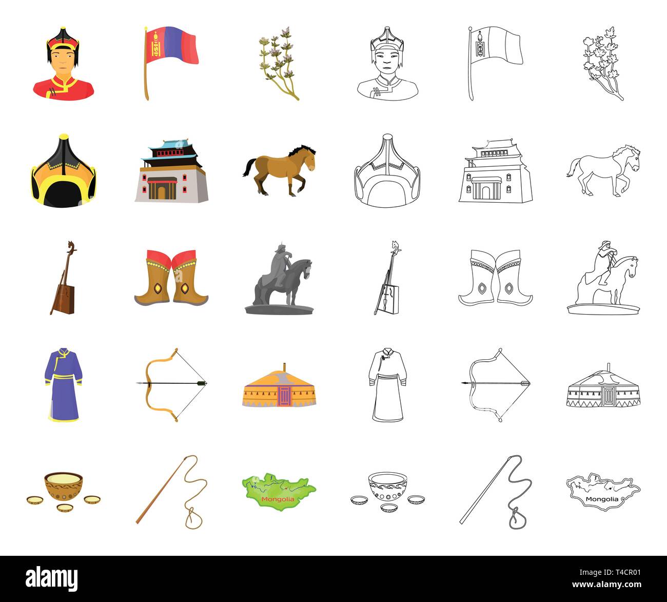 Country Mongolia cartoon,outline icons in set collection for design.Territory and landmark vector symbol stock  illustration. Stock Vector
