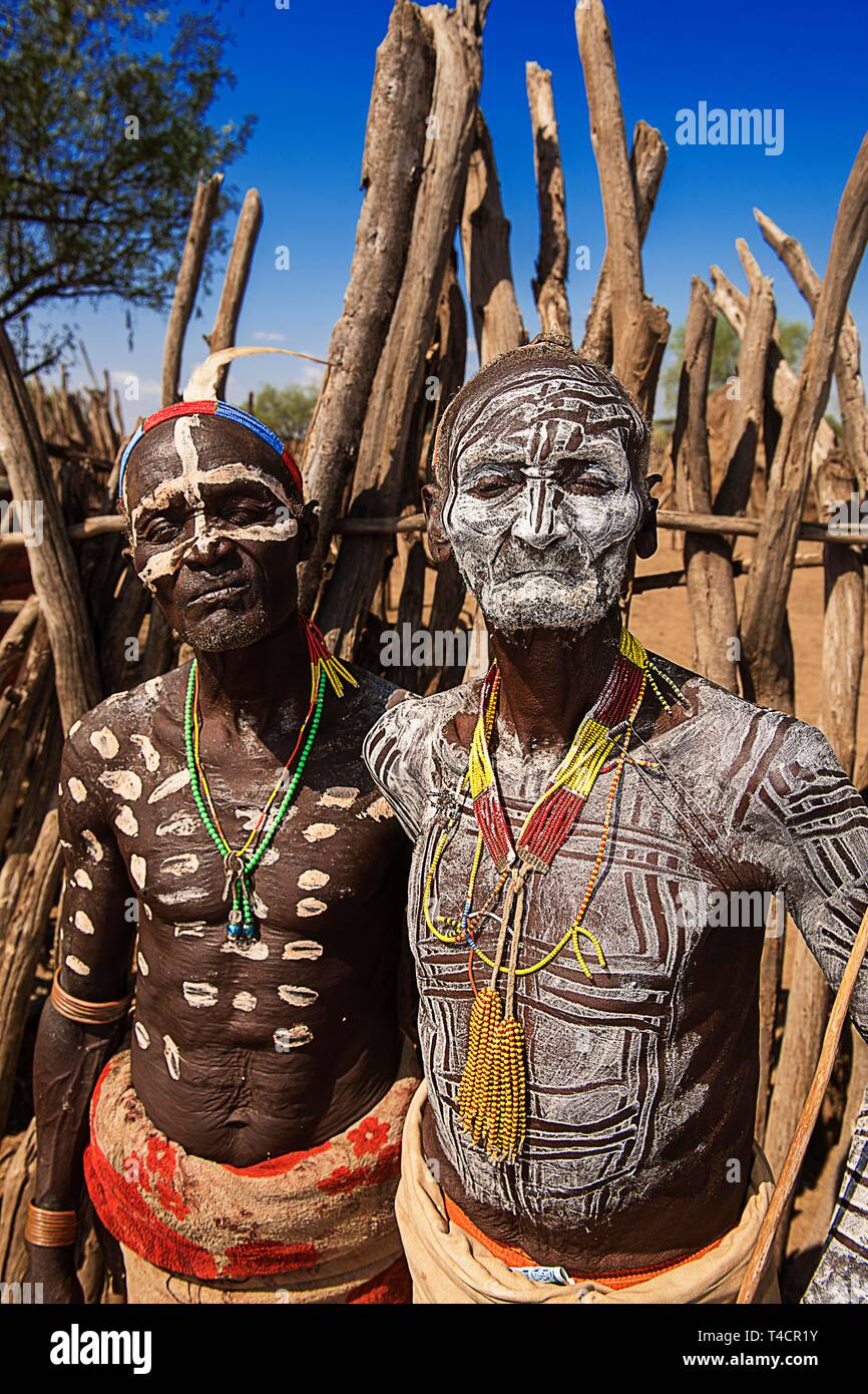 Old men of the tribe of the Karo with face painting, body painting, Karo village Duss, Lower Omo valley, Omo region, South Ethiopia, Ethiopia Stock Photo