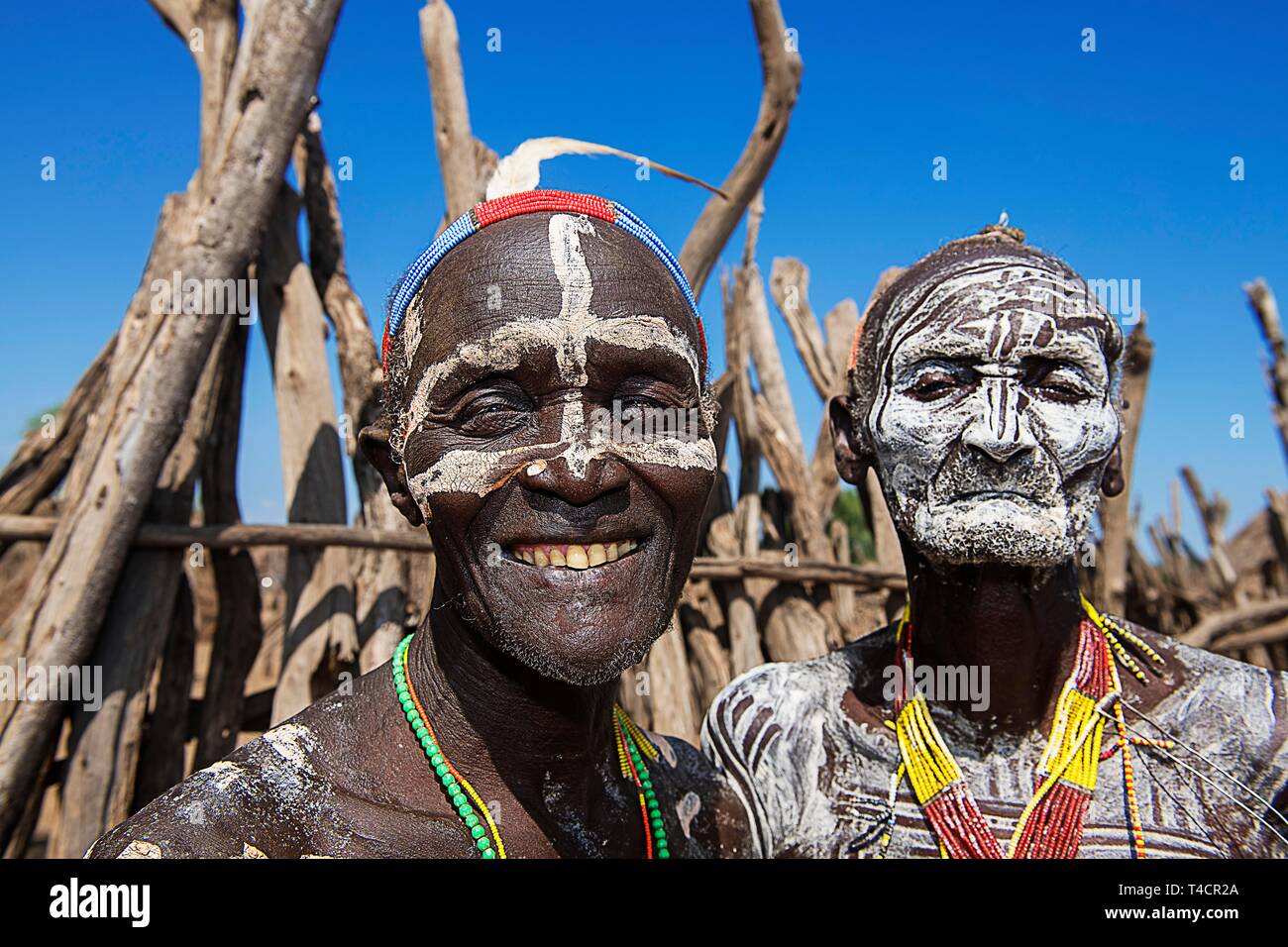 Old men of the tribe of the Karo with face painting, Karo village Duss, Lower Omo valley, Omo region, South Ethiopia, Ethiopia Stock Photo