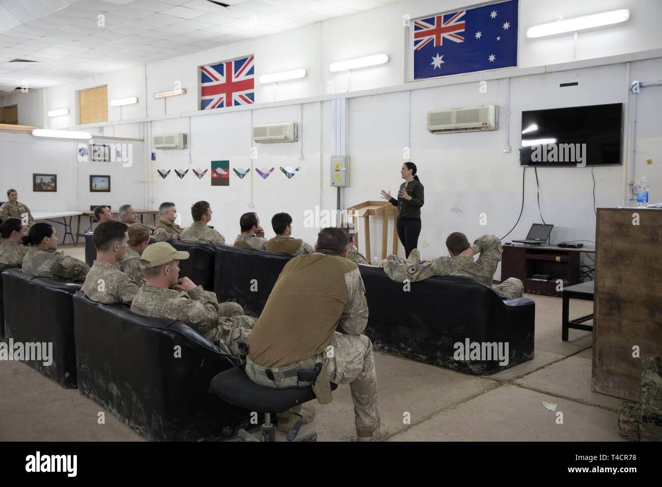 New Zealand ambassador to Iraq, Ms. Tredene, addressed New Zealand army officers assigned to Task Group Taji 8 (TGT-8) at Taji Military Complex, Iraq, March 18, 2019. TGT-8 is a combined Australian-New Zealand Task Group that provides the Iraqi Secu-rity Forces with training to enable the stabilization of areas cleared of Daesh. Stock Photo