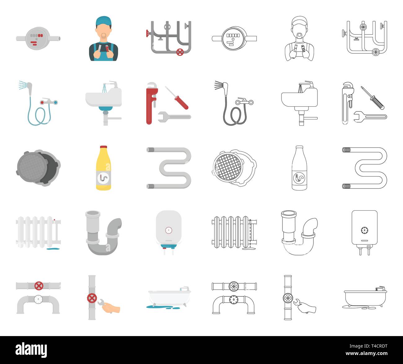 Plumbing, fitting cartoon,outline icons in set collection for design. Equipment and tools vector symbol stock  illustration. Stock Vector