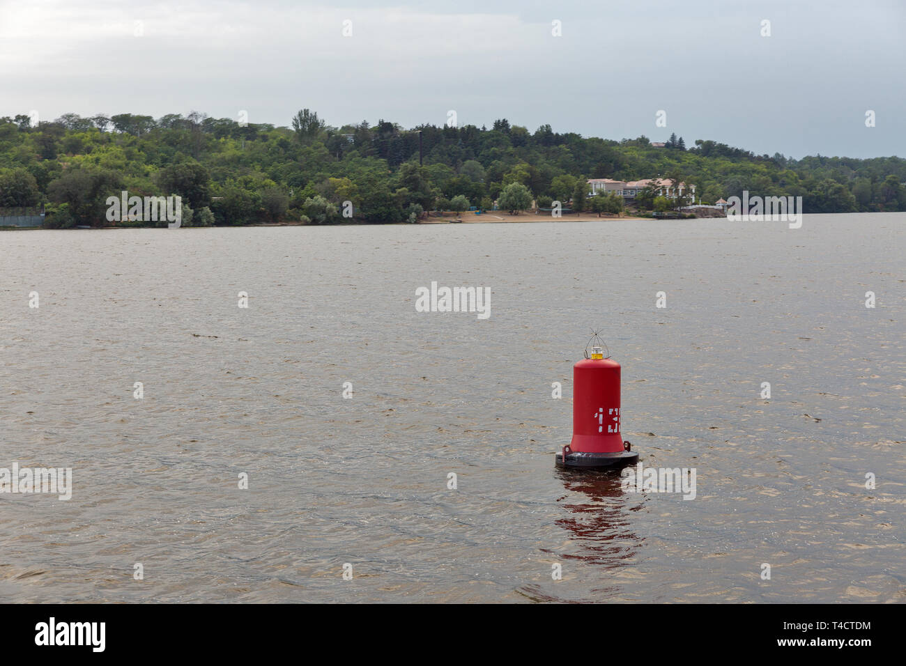 Dnieper River navigation buoy and Khortytsia island landscape, Ukraine Stock Photo