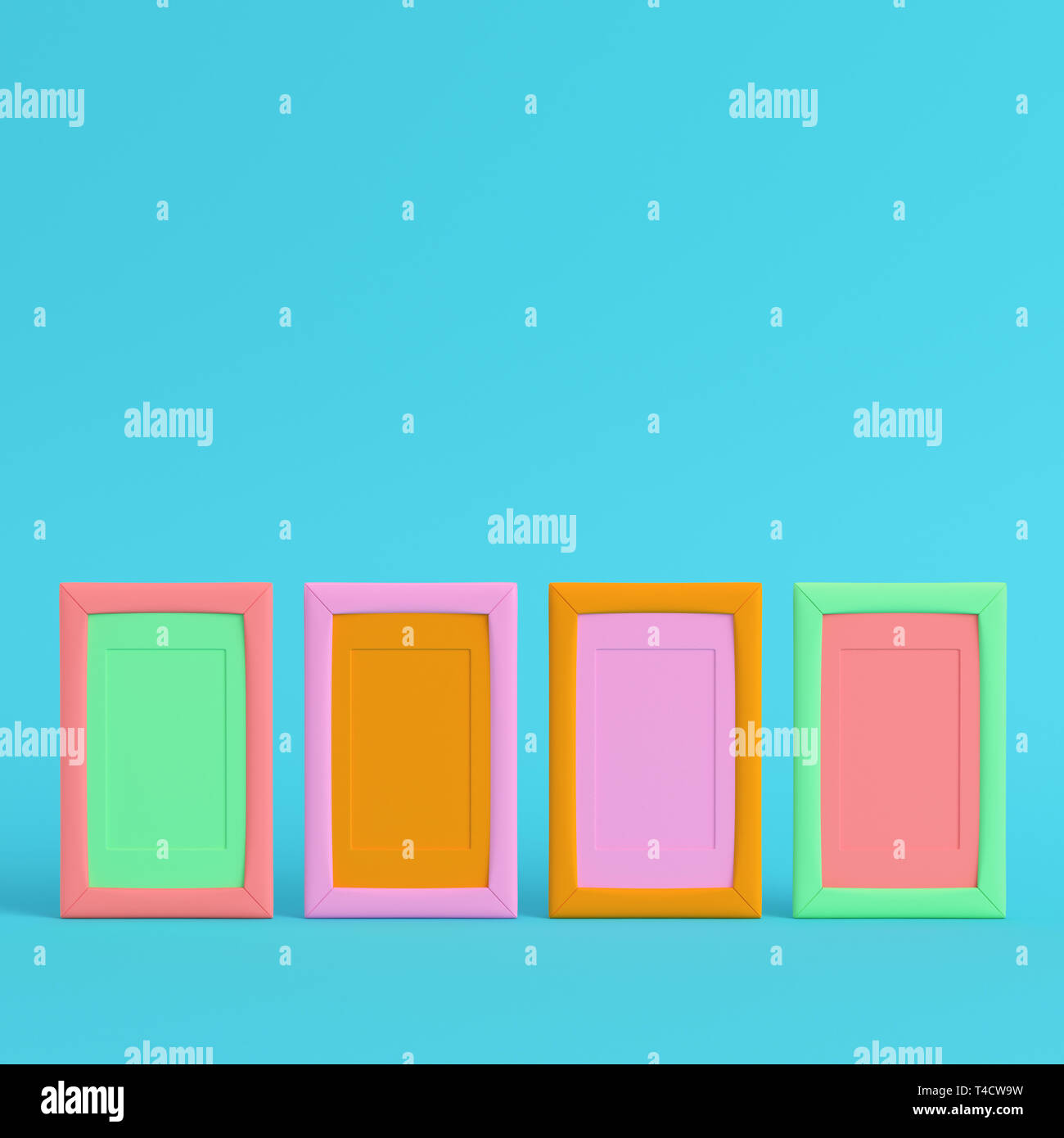 Four colorful blank frames on bright blue background in pastel colors ...