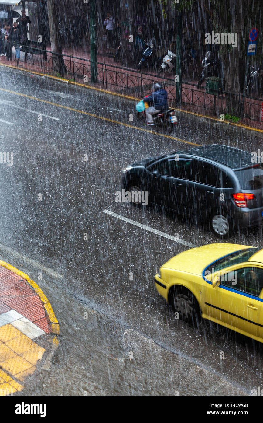 Rainstorm in downtown Athens, Greece, Europe. Stock Photo