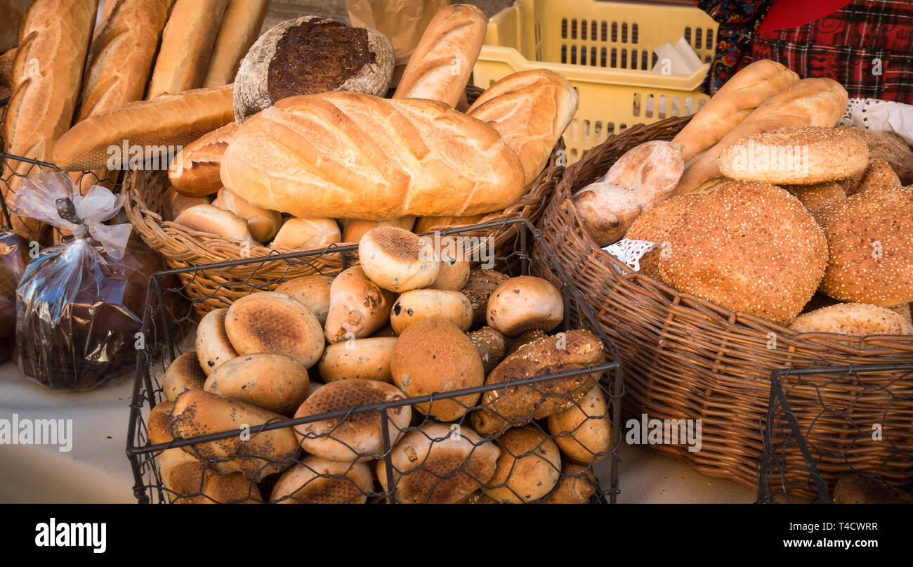 Assortment of bread in the shop.  Different fresh bread on market. Stock Photo