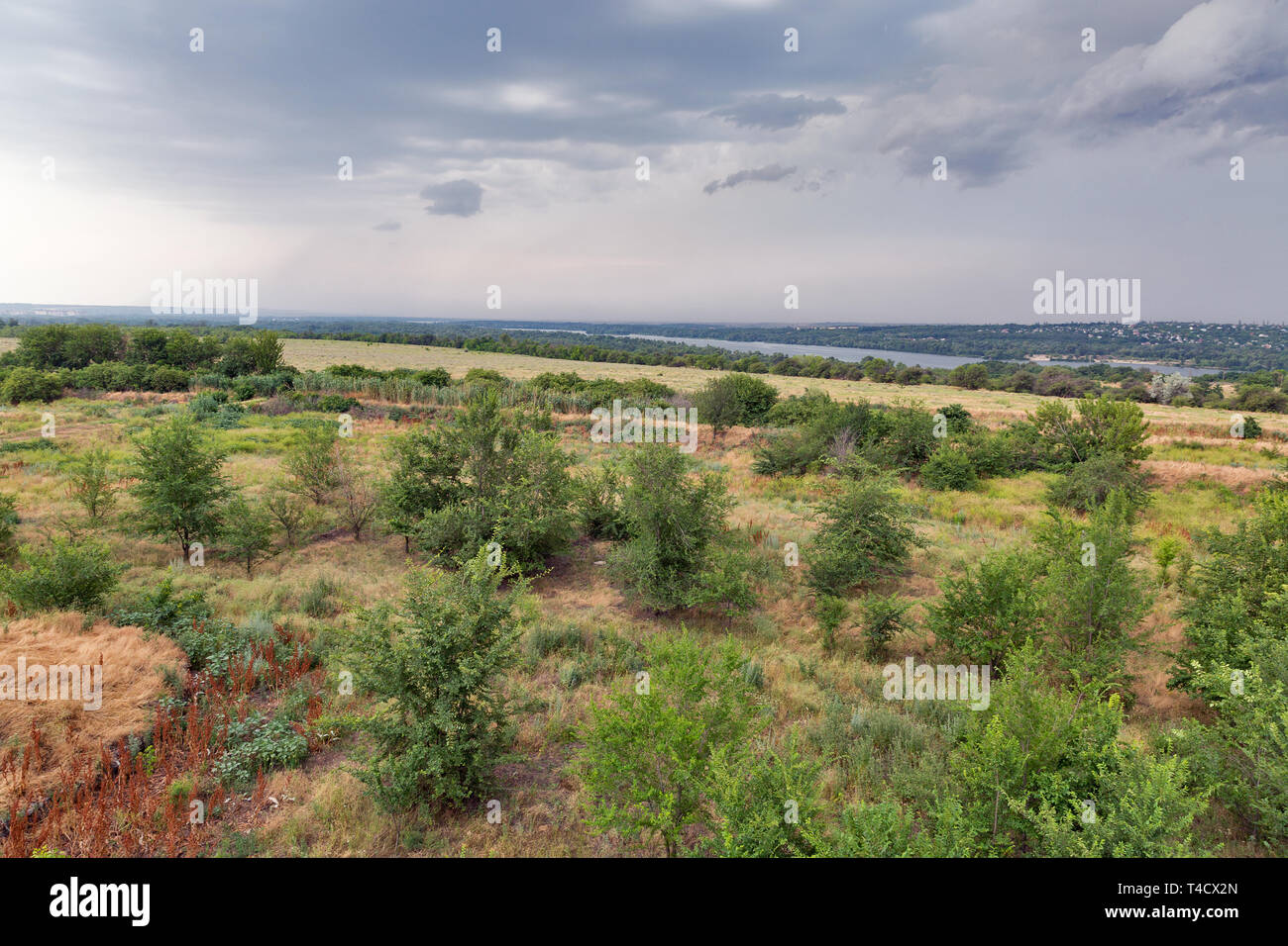 Thunder sky over summer landscape over Khortytsia island and Dnieper river, Ukraine Stock Photo