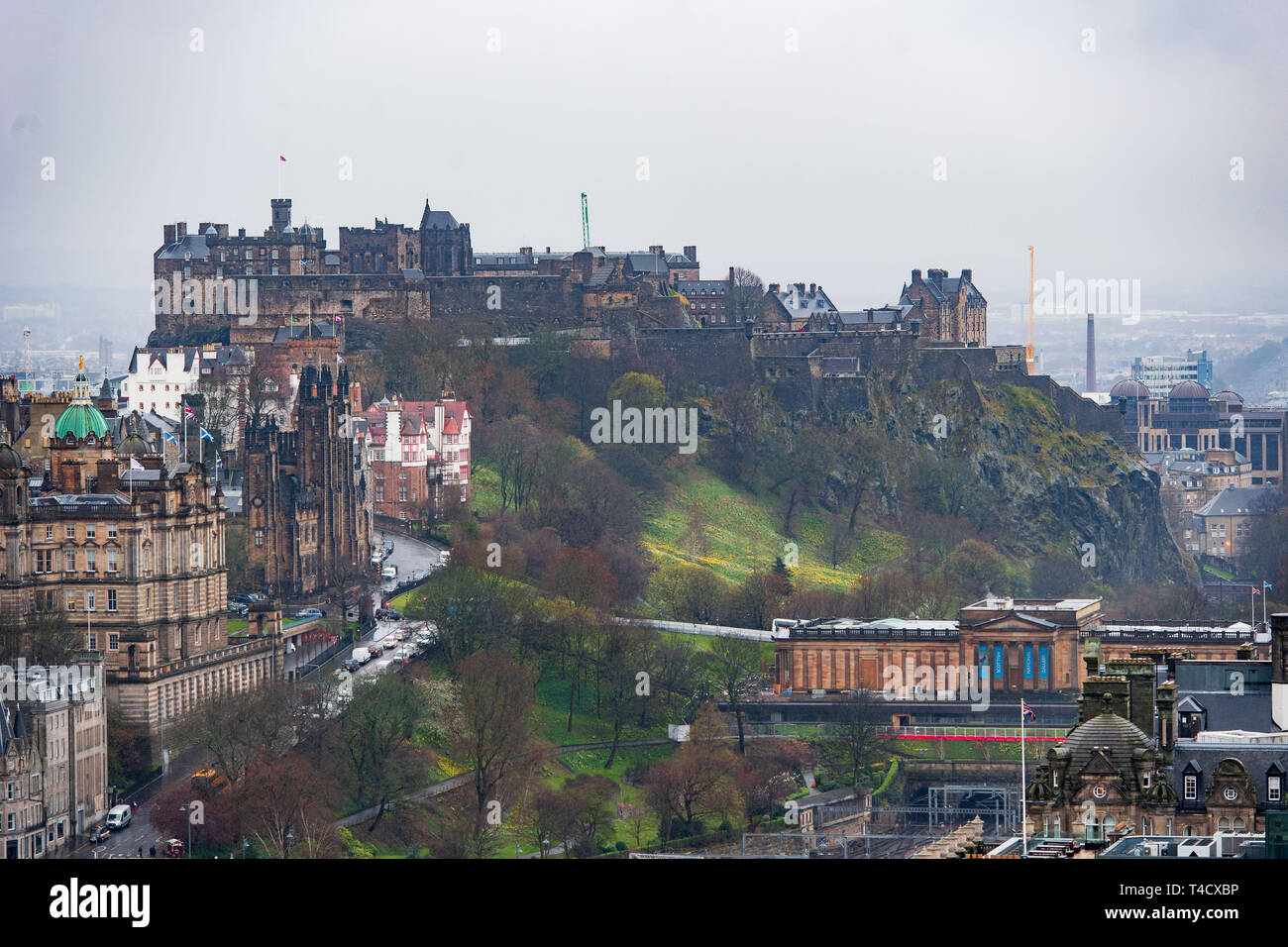View from Nelson Monument, Calton Hill, Edinburgh. GV, Edinburgh Castle, mound, rsa Stock Photo