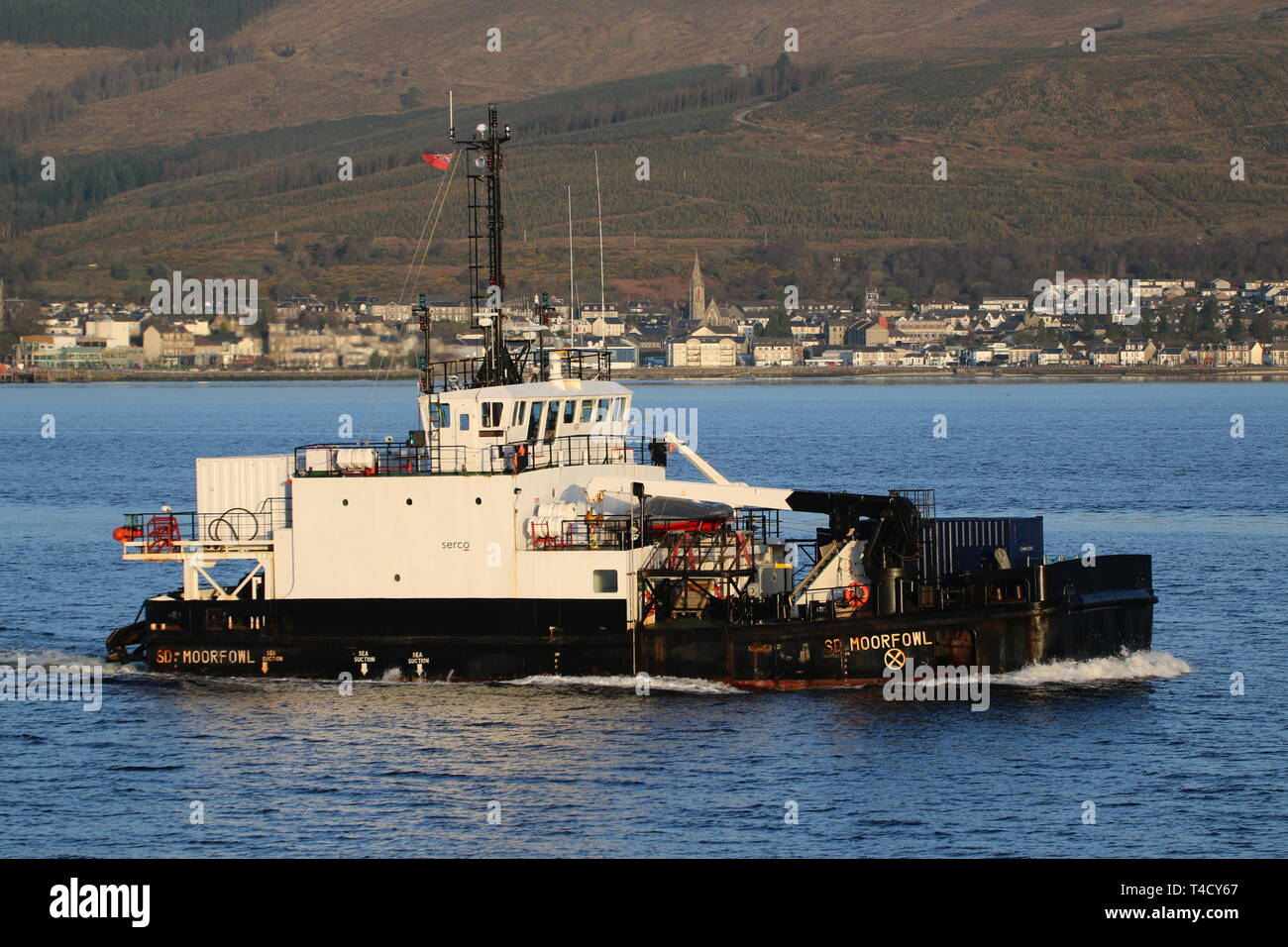 SD Moorfowl, a Moor-class diving support vessel operated by Serco Marine Services, passing Gourock during Exercise Joint Warrior 19-1. Stock Photo