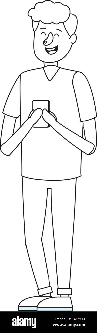 young man body using smartphone cartoon vector illustration graphic ...