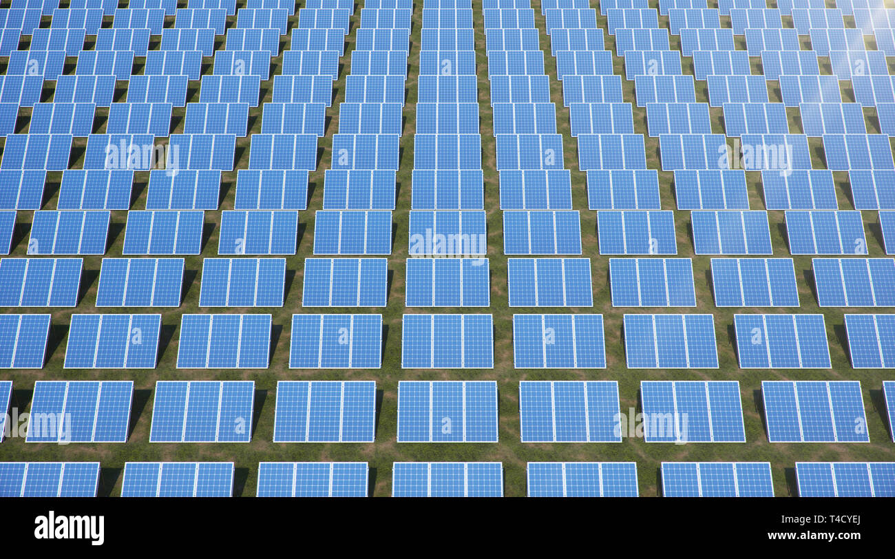 3D illustration Solar Panels. Alternative energy. Concept of renewable energy. Ecological, clean energy. Solar panels, photovoltaic with reflection be Stock Photo