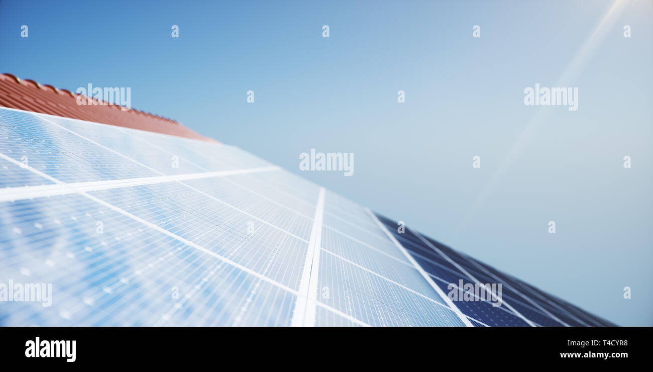 3D illustration solar panels on a red roof of a house. Solar panels ...