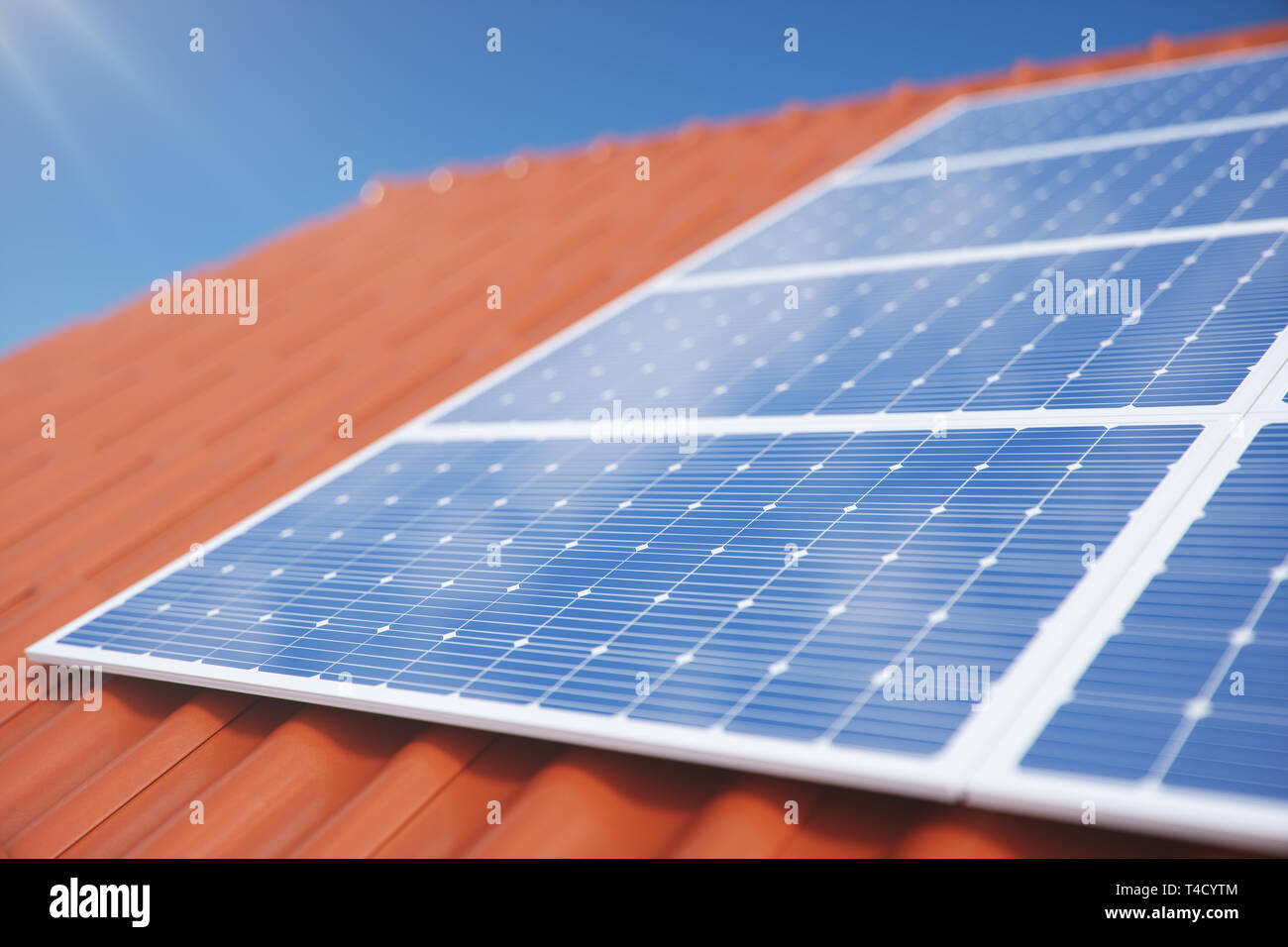 3D illustration solar panels on a red roof of a house. Solar panels ...