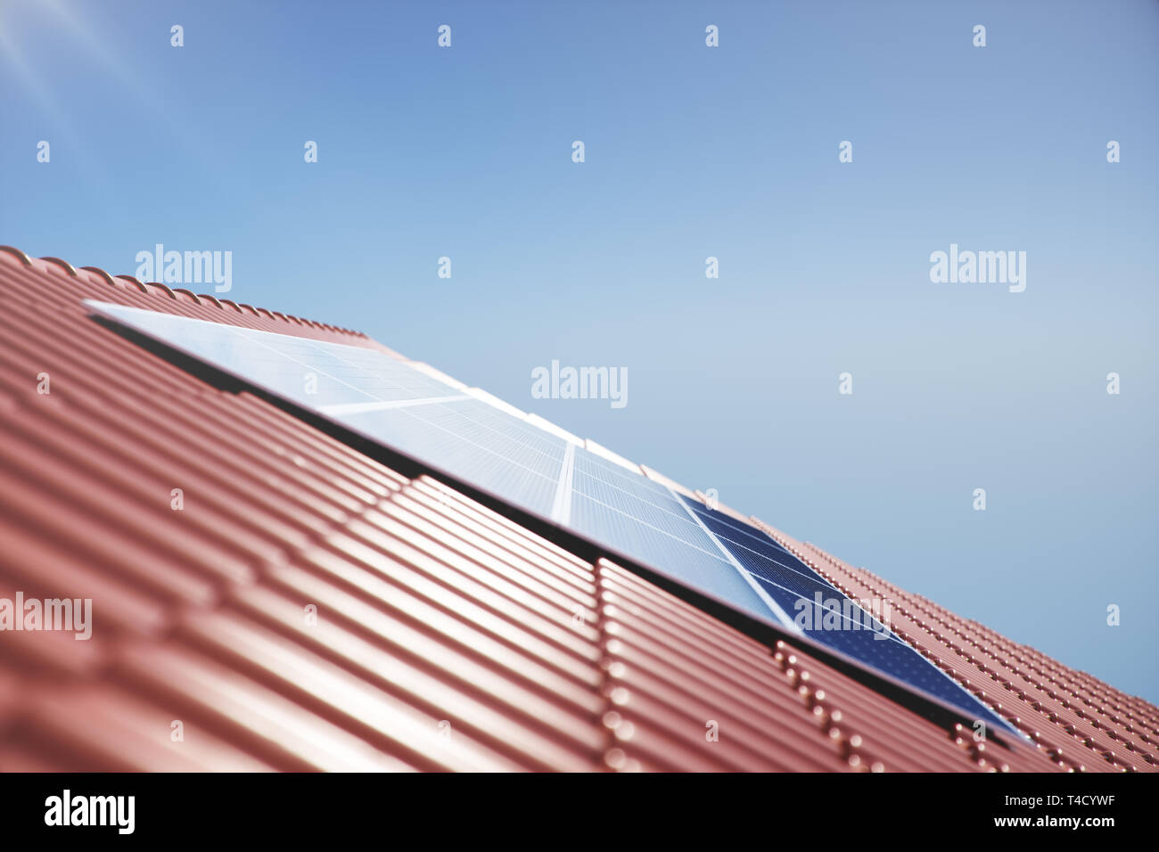 3D illustration solar panels on a red roof of a house. Solar panels ...