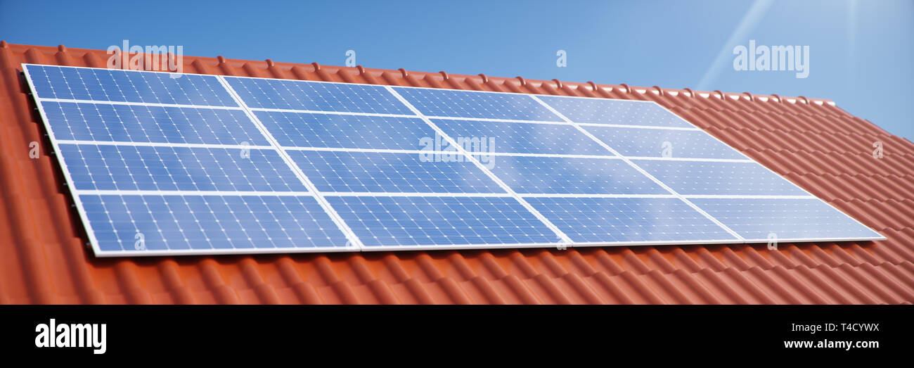 3D illustration solar panels on a red roof of a house. Solar panels ...