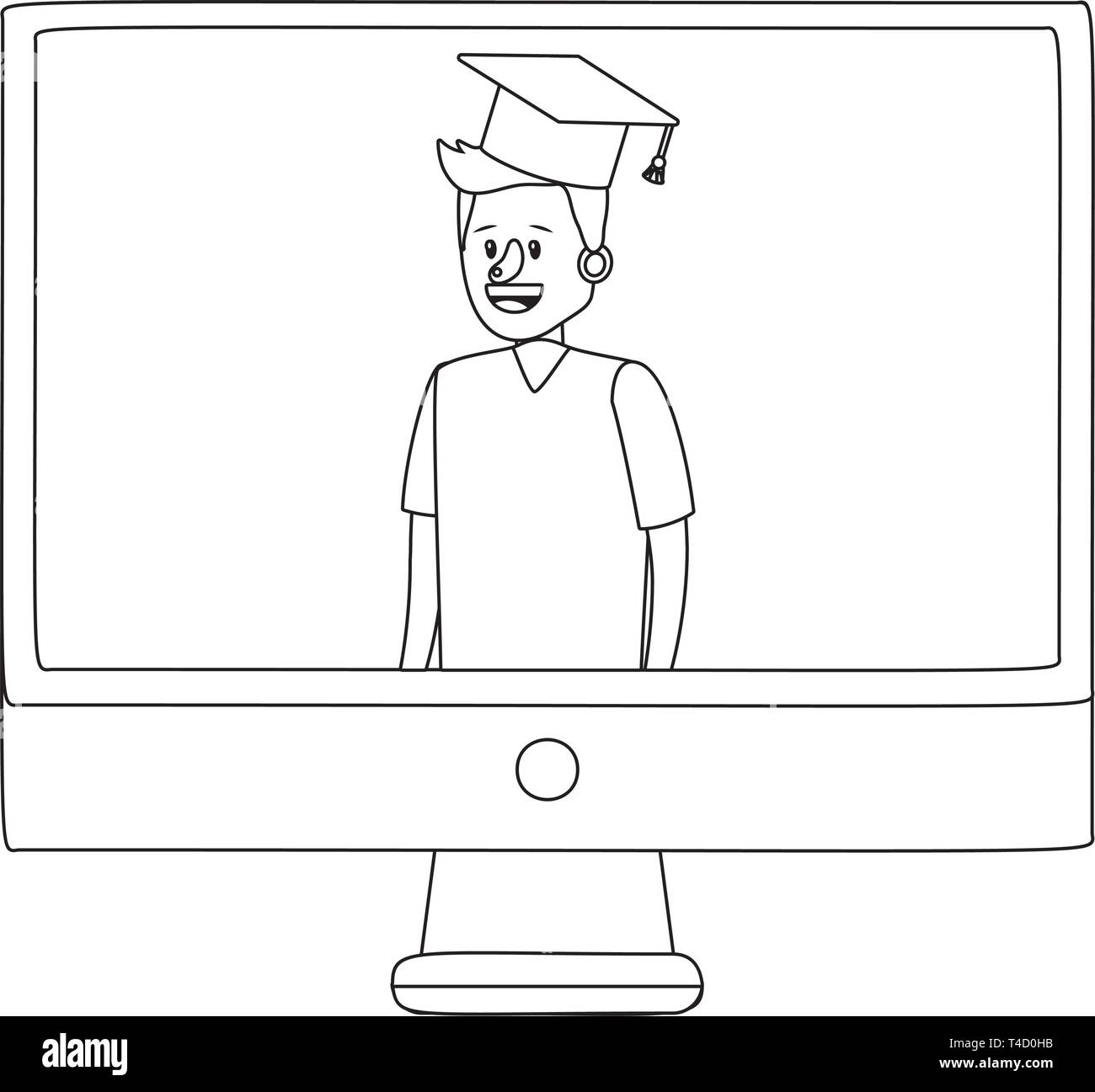 online education man inside computer screen cartoon vector illustration ...