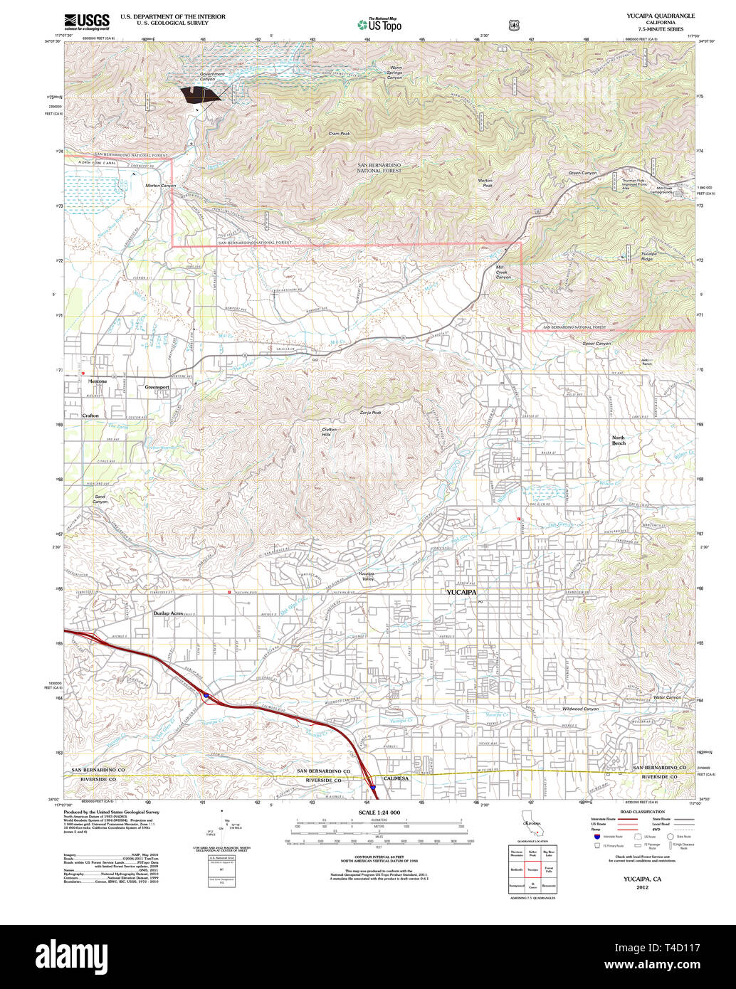USGS TOPO Map California CA Yucaipa 20120328 TM Restoration Stock Photo