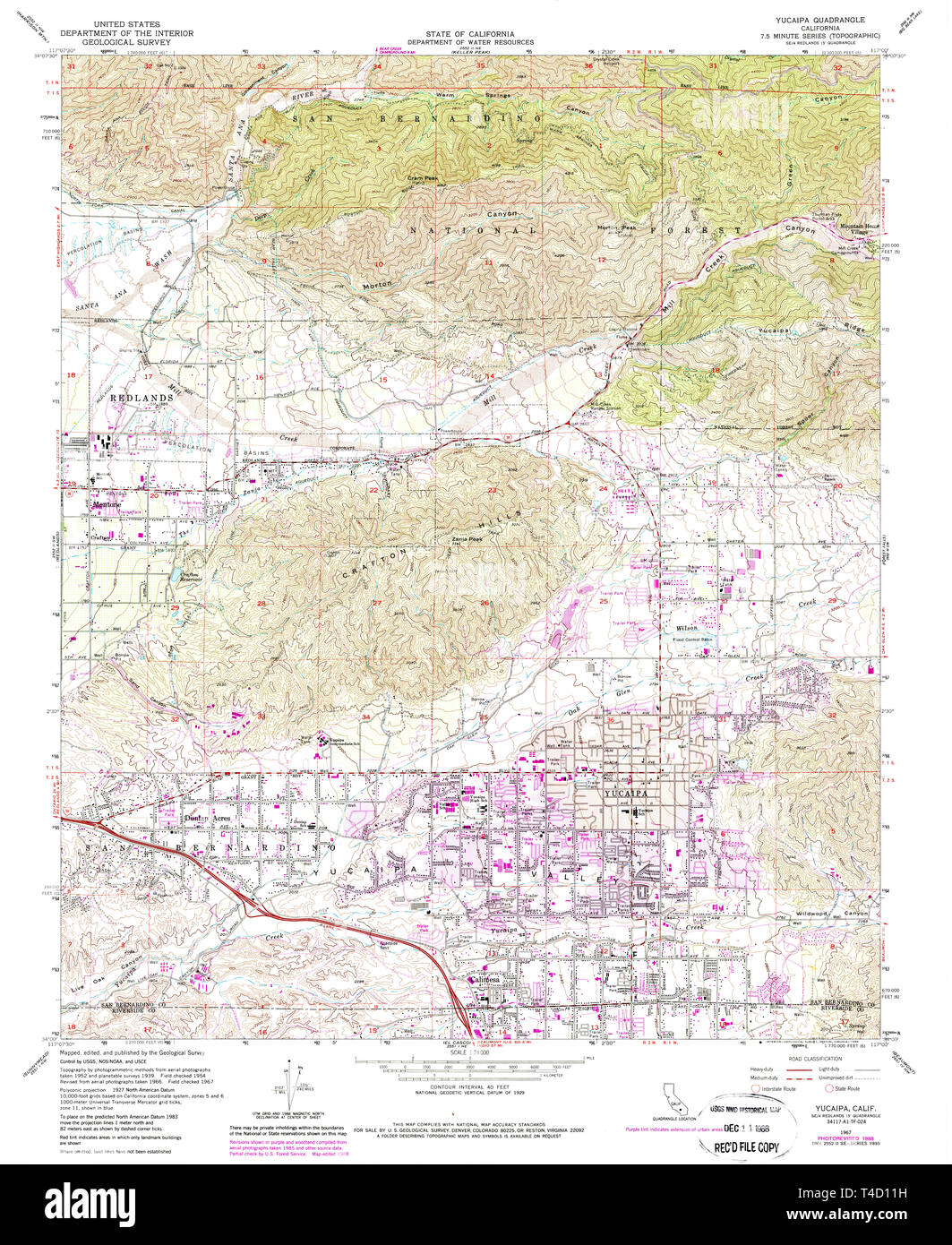 USGS TOPO Map California CA Yucaipa 295859 1967 24000 Restoration Stock Photo