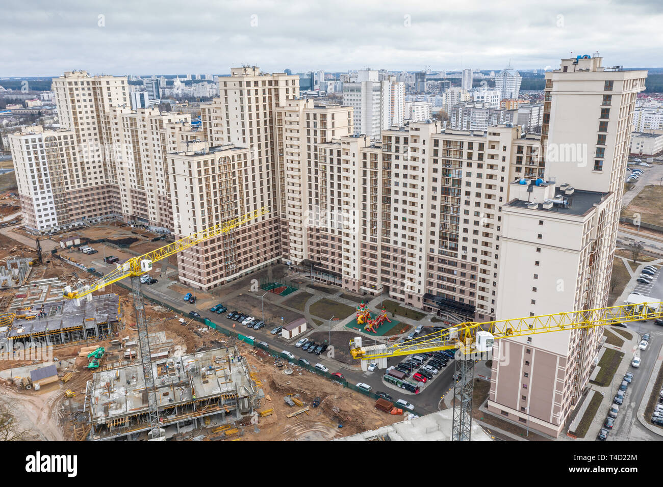 aerial top view of residential construction area. building of new apartments Stock Photo