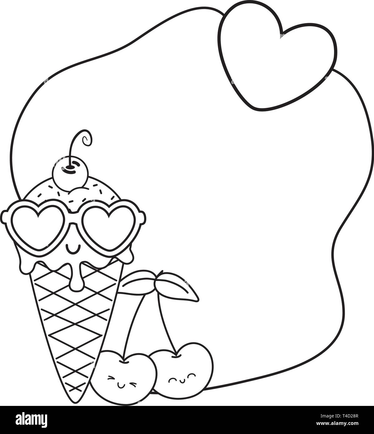 ice cream cherries and sunglasses frame icon cartoon black and white vector illustration graphic design Stock Vector