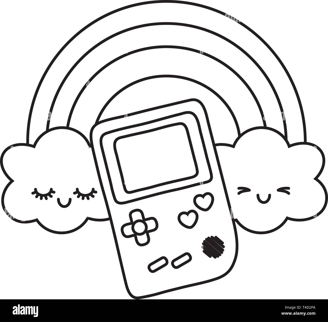 game boy with rainbow icon cartoon black and white vector illustration