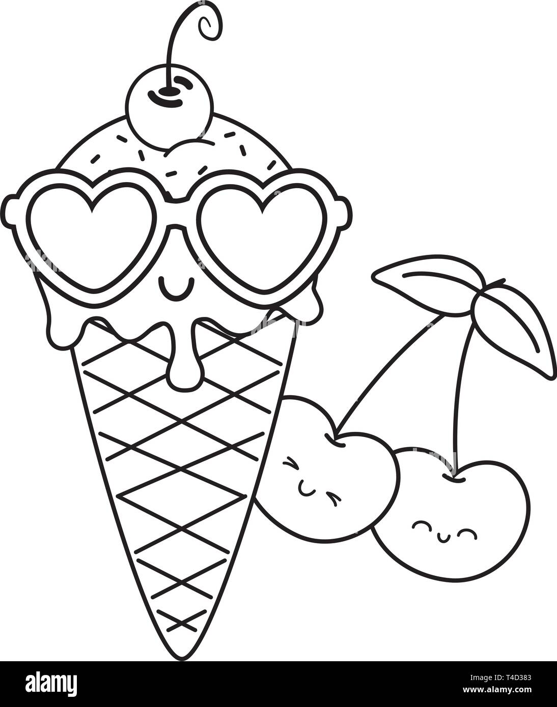 ice cream cherries and sunglasses icon cartoon black and white vector illustration graphic design Stock Vector