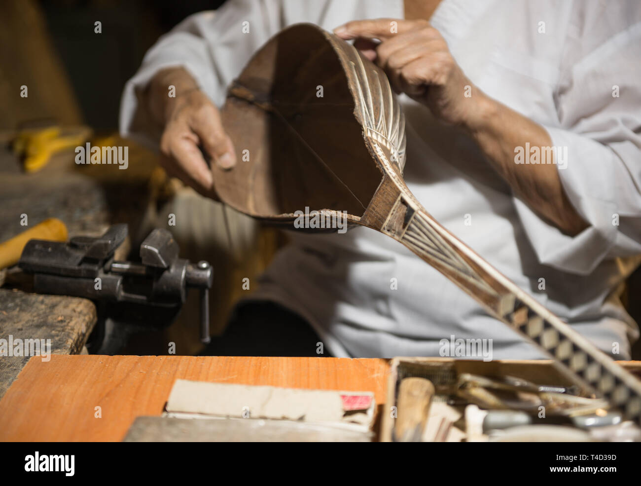 adult master restores old musical instruments. production of stringed ...