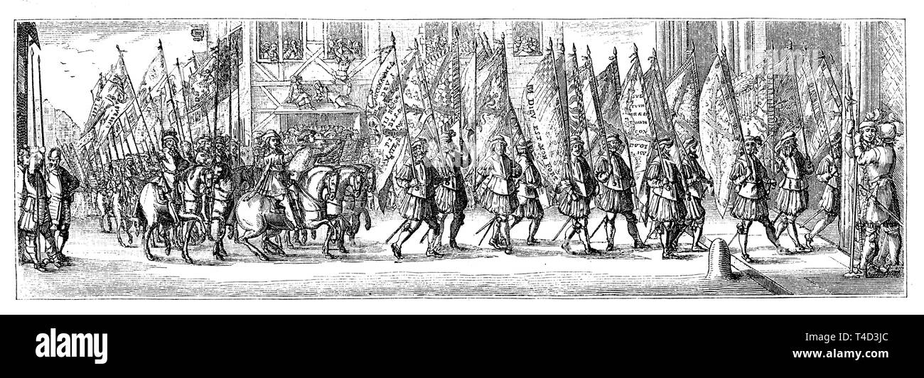 Festive transfer of the Spanish flags captured in the battle of Bein Lens on 20 August 1648 to Notre Dame in Paris. After a contemporary engraving by Cochin, Stock Photo