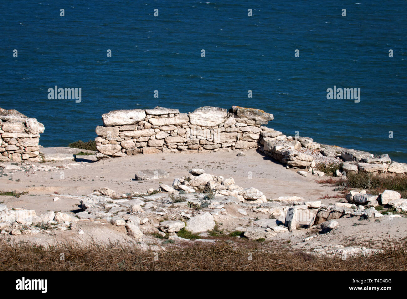Ancient Greek Polis (Greek colonization) and Greek-Scythian settlements on the Black sea coast. Old archaeological excavations abandoned, shell rock f Stock Photo