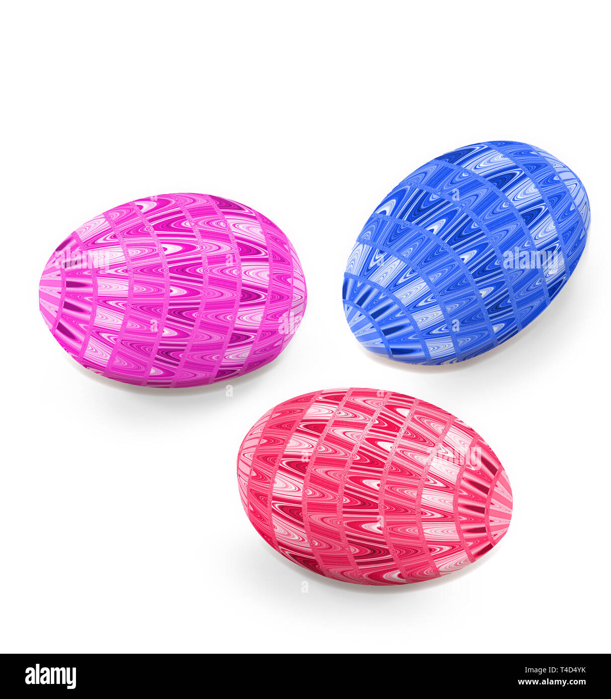 Three colorful Easter eggs on white background - digital generated illustration. Symbol of spring religious holiday Easter Sunday . Easter decotated e Stock Photo