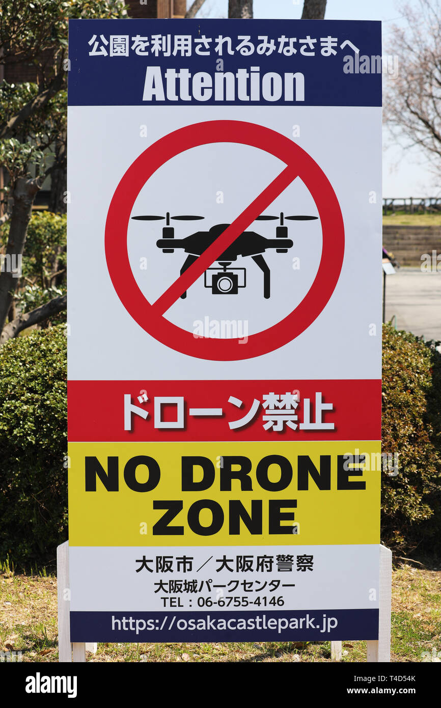 No drone flying zone poster at Osaka Castle, Osaka, Japan Stock Photo